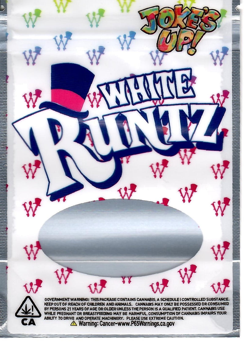 White Runtz matte mylar bags, 50-pack, smell-proof storage bags from The Baggie Store, featuring a sleek matte finish and durable design.