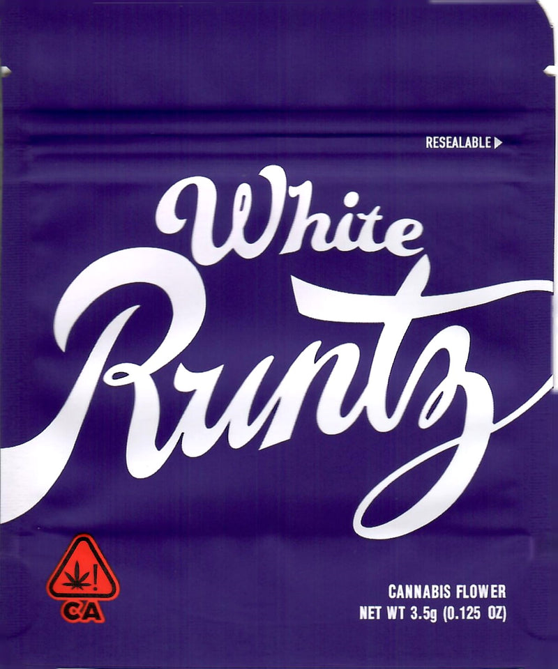 White Runtz Purple smell-proof Mylar bags from The Baggie Store, featuring resealable closure and vibrant Runtz branding.