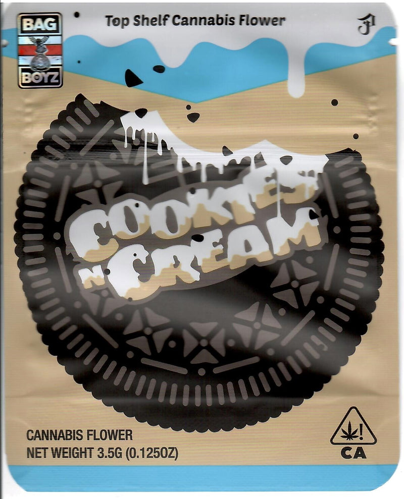 Cookies n Cream matte mylar bags, smell-proof storage pouches from The Baggie Store, shown in a pack of 50.