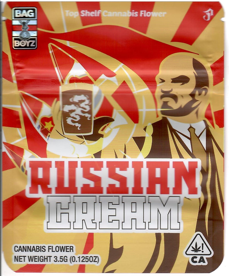 Smell-proof Russian Cream Matte Mylar Bags by The Baggie Store, 50-pack, featuring secure sealing and durable material for storage.