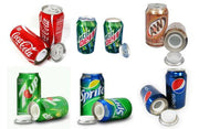 Assorted soda can diversion safes by Safe Cans, showing hidden compartments inside real-looking soda cans in various flavors.
