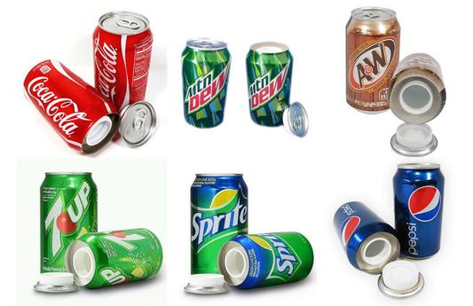 Assorted soda can diversion safes by Safe Cans, showing hidden compartments inside real-looking soda cans in various flavors.