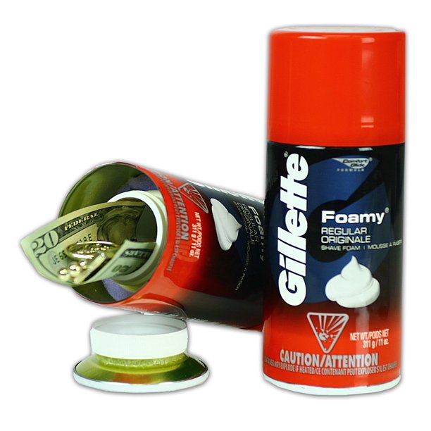 Diversion safe designed as Gillette shaving cream can by Safe Cans, discreet storage container with realistic shaving cream appearance.