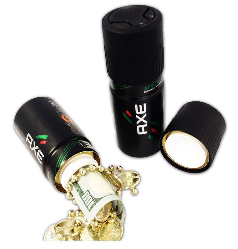 A Safe Cans diversion safe designed to look like AXE Body Spray, with a concealed storage compartment behind the spray can exterior.