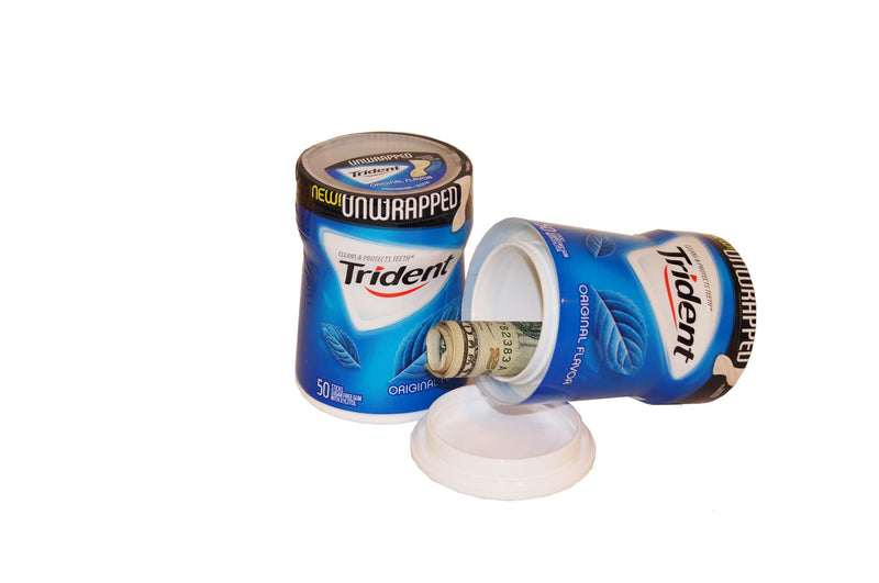 Diversion safe shaped like a Trident gum pack by Safe Cans, designed to conceal valuables discreetly.
