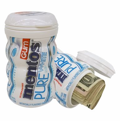 Diversion safe disguised as Mentos gum pack by Safe Cans, designed to hide valuables discreetly.