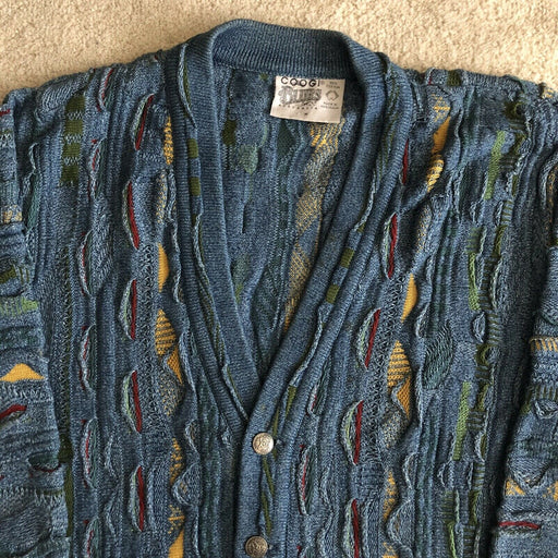COOGI Authentic Vintage Retro Blues Multicolor Hand Sewn Australian Cardigan Sweater Men's Medium - TBS Supply Co