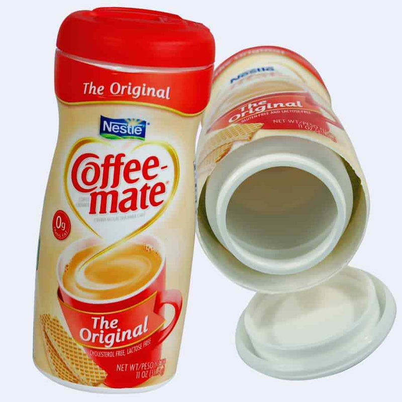 Discreet diversion safe resembling a Coffeemate powder container by Safe Cans, designed to hide valuables securely.