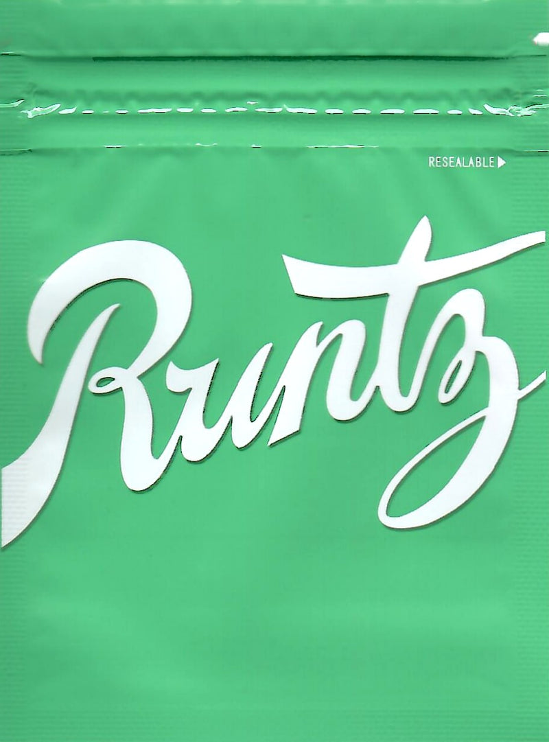 Smell-proof Runtz Green Mylar Bags, 100-pack from The Baggie Store, showing sealed green foil pouches for discreet storage.