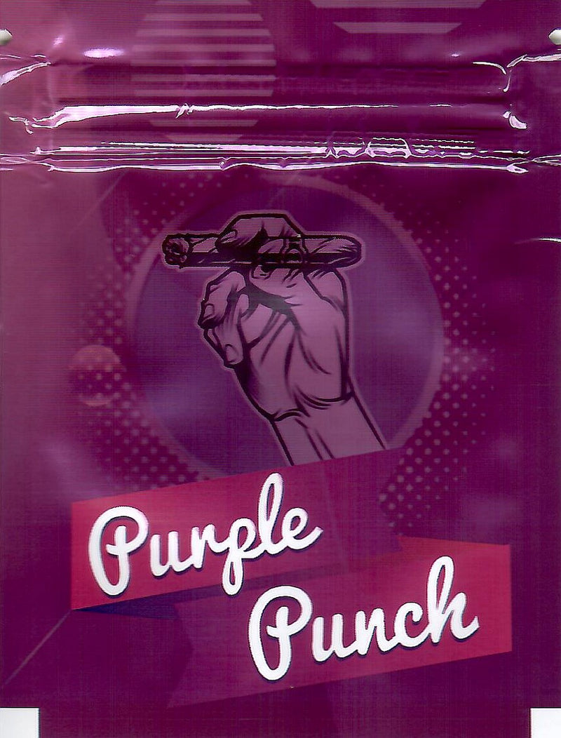 Purple Punch smell-proof Mylar bags from The Baggie Store, 100-pack, with resealable closures and purple design.