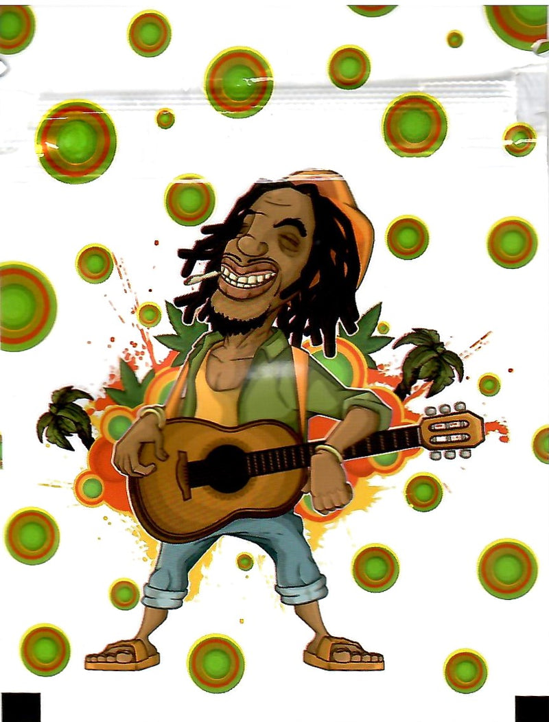Smell-proof Reggae-themed Mylar bags by The Baggie Store, 100-pack, featuring colorful reggae design and secure sealing.
