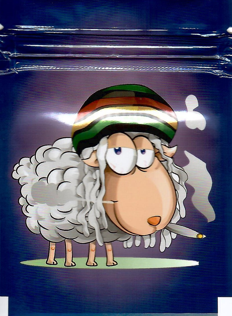 Sheep design smell-proof Mylar bags by The Baggie Store, set of 100, featuring secure sealing and durable material.