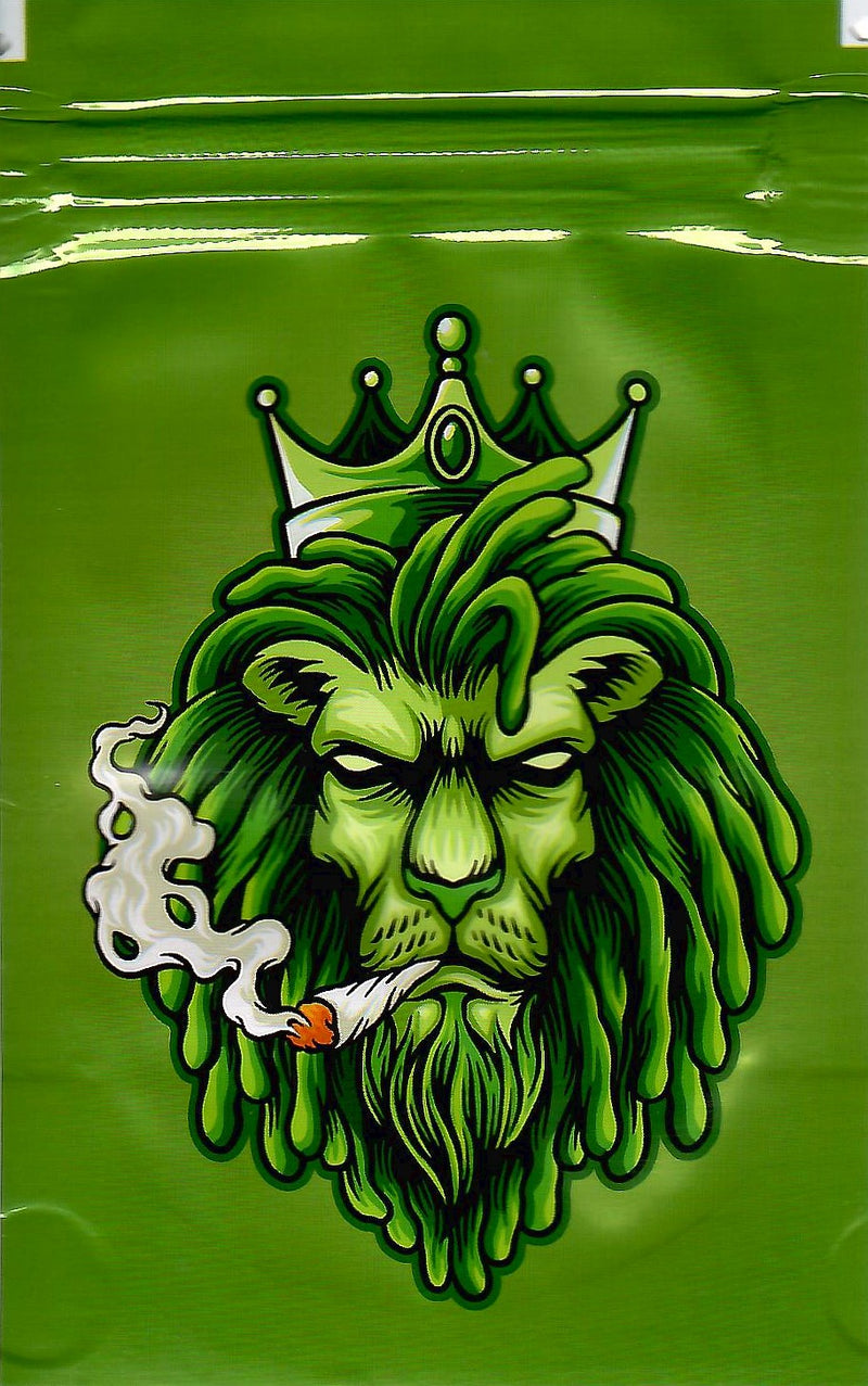 Green Lion Smell Proof Mylar Bags by The Baggie Store, 100-pack, showing sealed, durable, odor-proof storage bags for herbs or snacks.