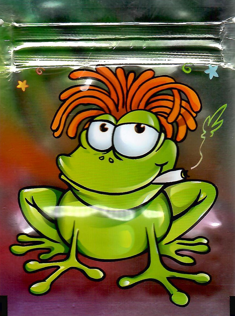 Smell-proof Frog-shaped Mylar bags from The Baggie Store, 100-pack, designed for discreet storage and protection.