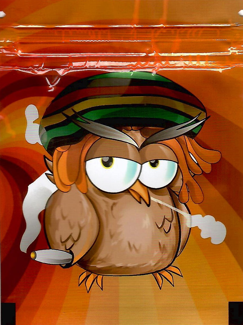 Owl-themed smell-proof Mylar bags by The Baggie Store, 100-pack, featuring owl design for discreet storage.