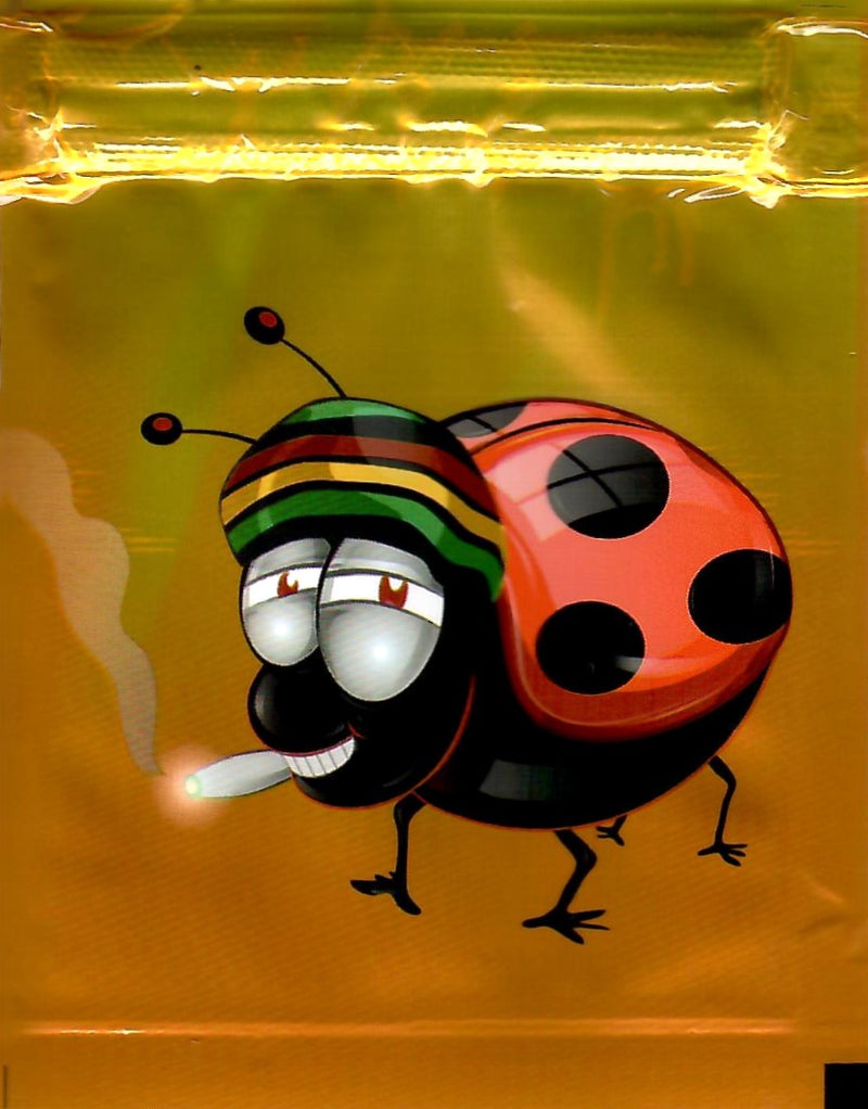 Ladybug-themed smell-proof Mylar bags from The Baggie Store, 100-pack, featuring vibrant ladybug designs and secure sealing.