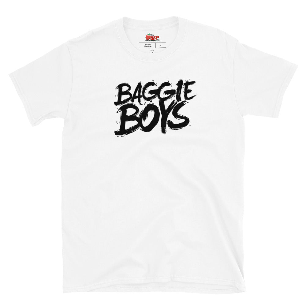 Unisex Baggie Boys short-sleeve T-shirt from The Baggie Store, featuring a casual fit and graphic design on soft fabric.