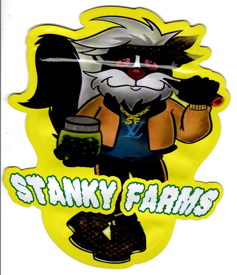 Set of 50 TBS SUPPLY CO Stanky Farms matte mylar smell-proof bags for discreet storage of items.