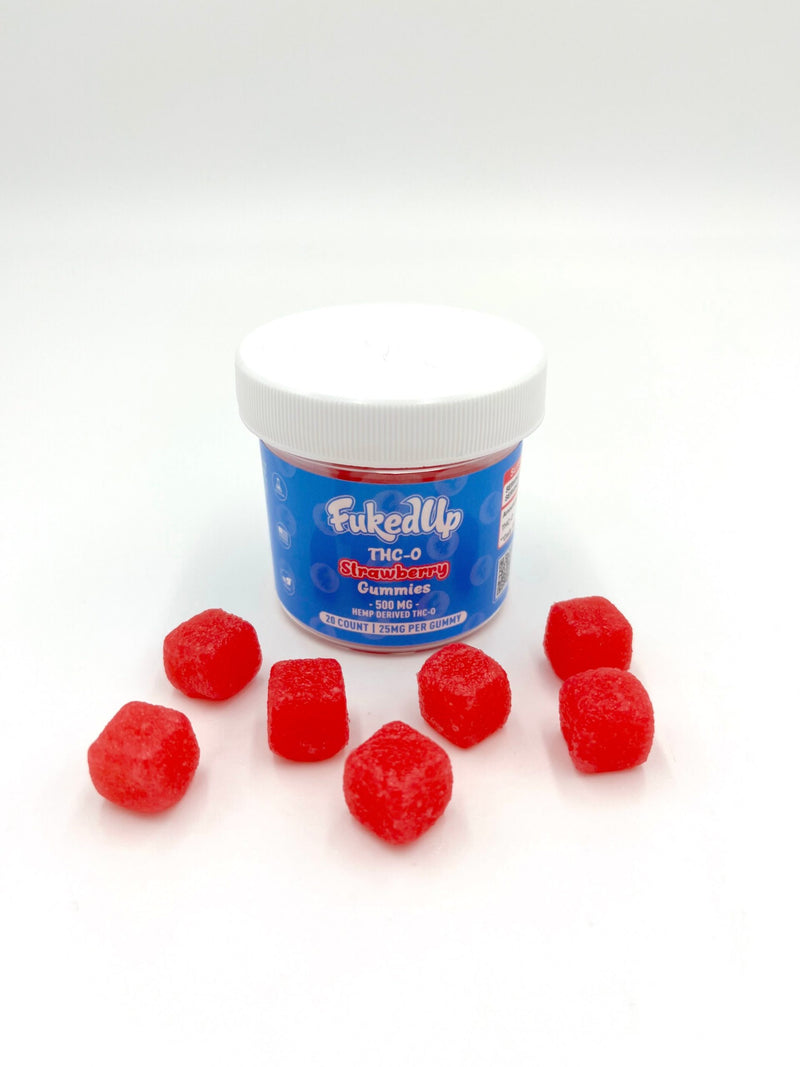 Fuked Up Delta 9 THC Gummies in colorful packaging, featuring assorted fruit flavors and gummy shapes on a white background.