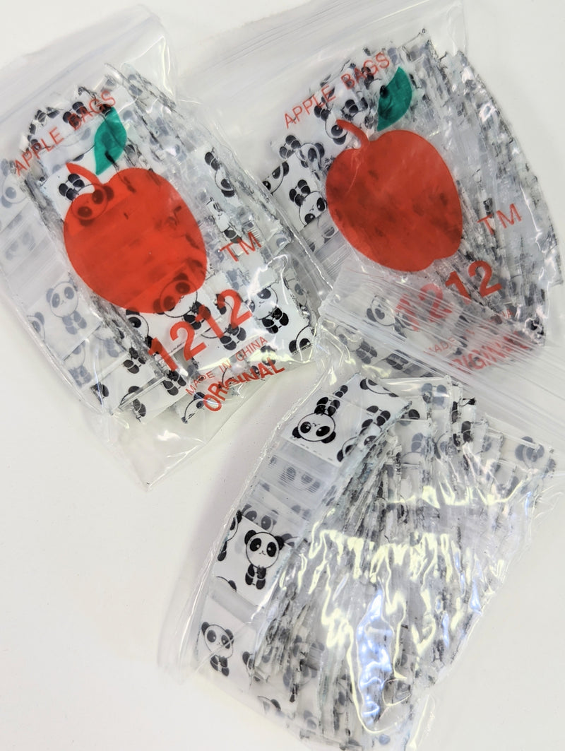 Resealable 1212 Original Apple Bags with panda design, 1/2 inch by 1/2 inch, ideal for packaging snacks or small items.