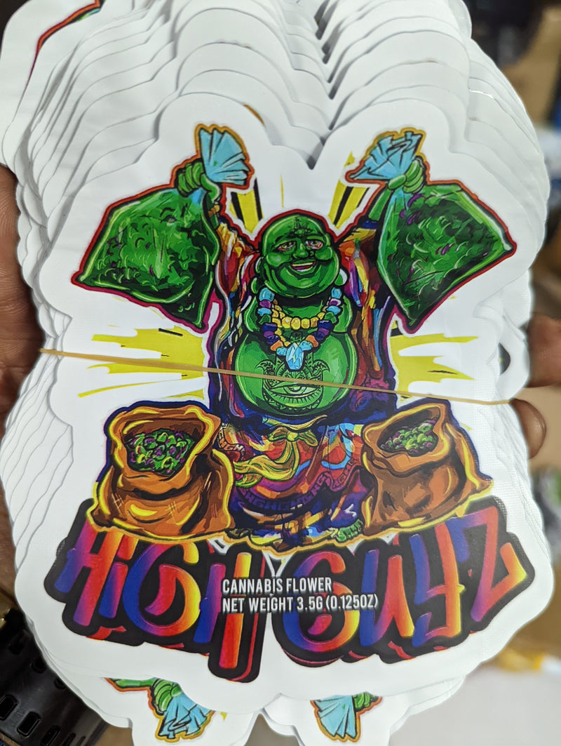 Smell-proof High Guyz Mylar Bags by The Baggie Store, 50-pack, featuring silver reflective surfaces and resealable closures.