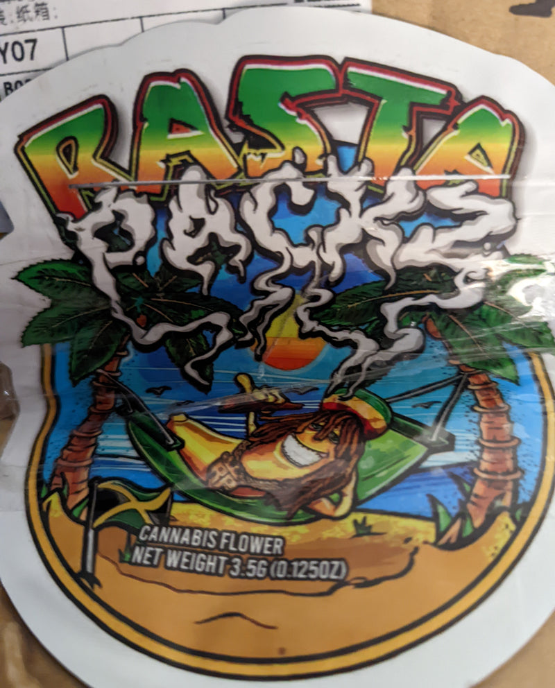 Smell-proof Rasta Packz Mylar Bags from The Baggie Store, 50-pack, featuring colorful Rasta design and resealable closures.