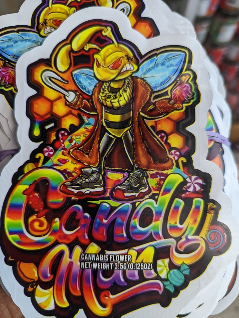 Smell-proof Candy Man Mylar Bags by The Baggie Store, 50-pack, featuring resealable, durable silver foil packaging for storage.