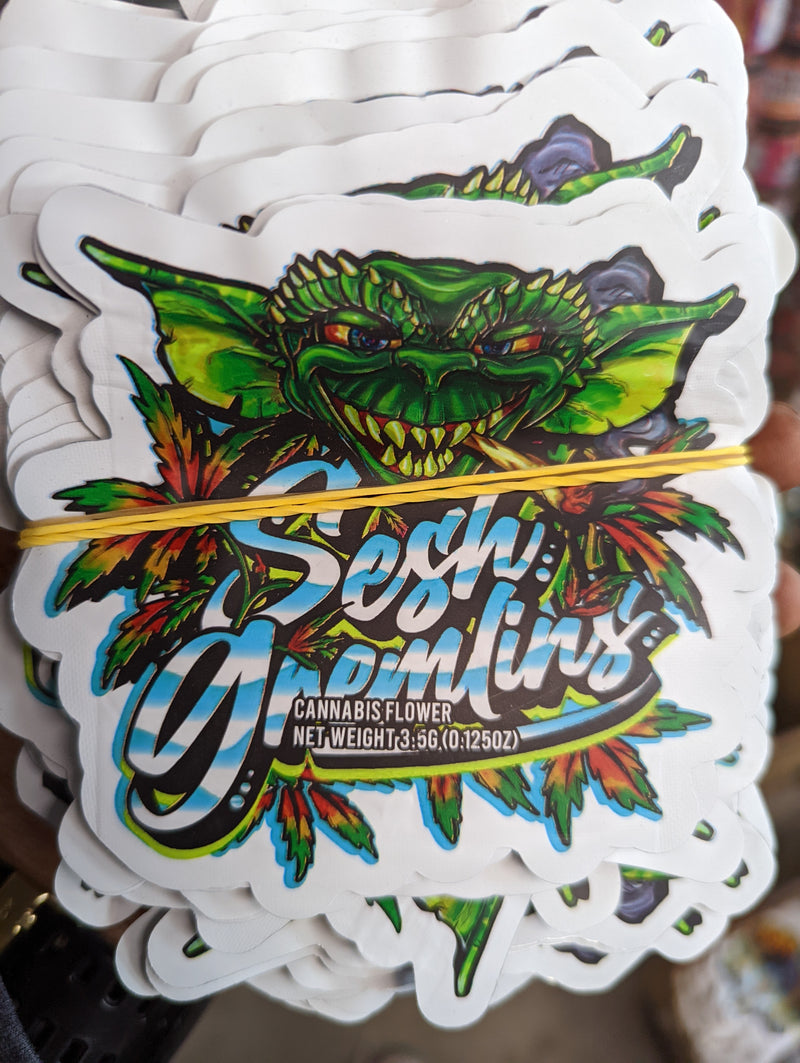 Smell-proof Sesh Gremlins Mylar Bags from The Baggie Store, 50-pack, with resealable zipper and durable foil material.