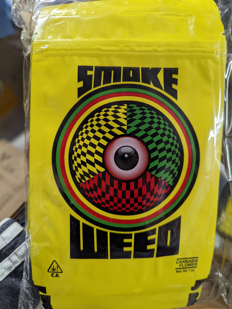 Close-up of Designer Mylar smell-proof 1oz weed storage bags, 100-pack, durable and discreet for cannabis packaging.