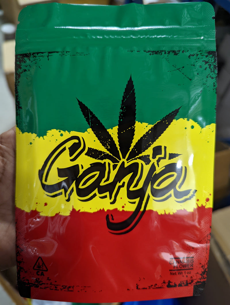 Smell-proof Ganja 1oz Mylar Bags by Designer Mylar, 100-pack, featuring durable, resealable packaging for cannabis storage.