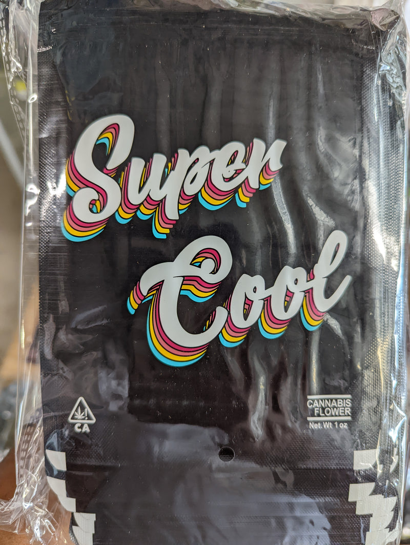 Smell-proof Designer Mylar Super Cool 1oz bags, pack of 100, with silver foil exterior and resealable zipper for secure storage.