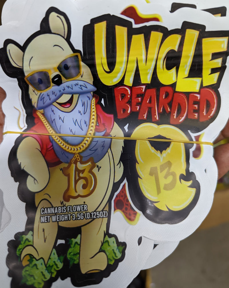 Smell-proof Uncle Bearded 13 Mylar Bags by The Baggie Store, 50-pack, showing black resealable bags with zipper closures.