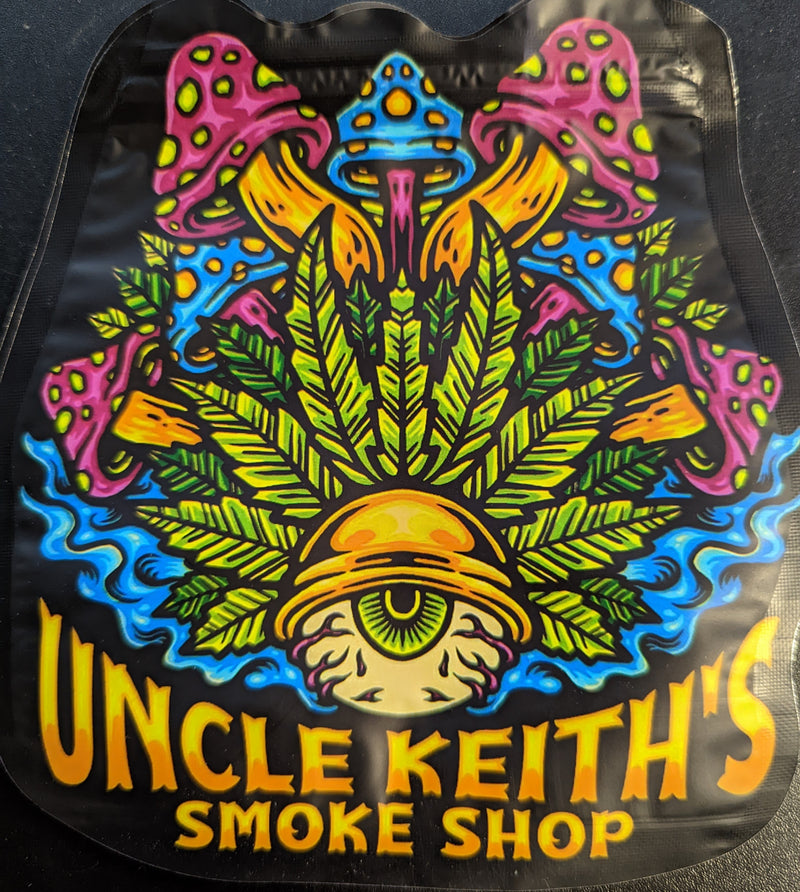 Smell-proof Uncle Keith's Smoke Shop Mylar Bags by The Baggie Store, 50-pack, showing sealed, durable storage bags.