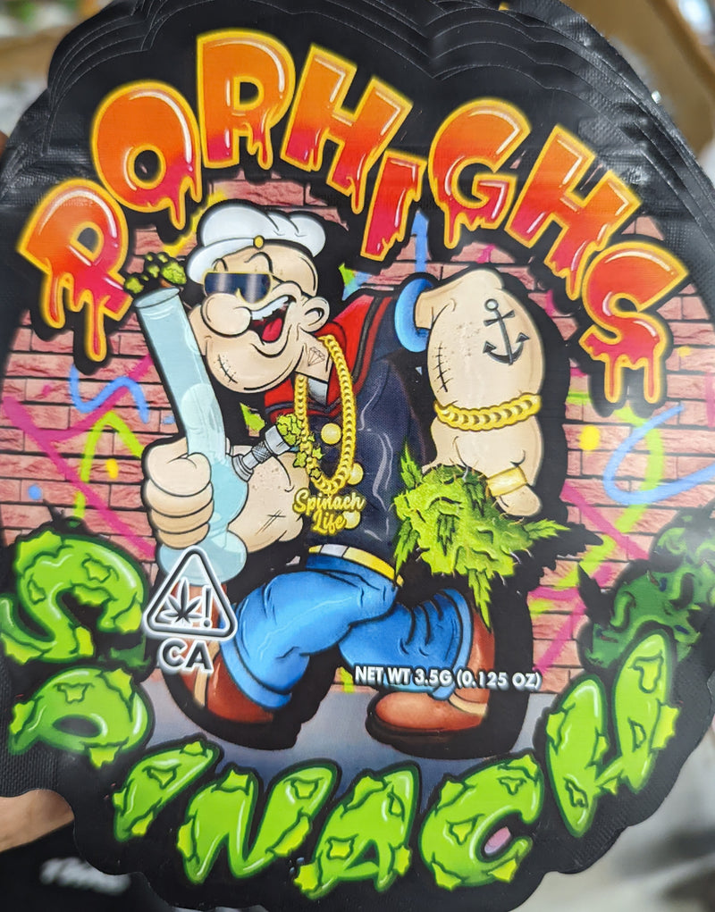 Smell-proof Pophighs Spinach Mylar Bags by The Baggie Store, 50-pack, resealable storage for freshness and odor control.