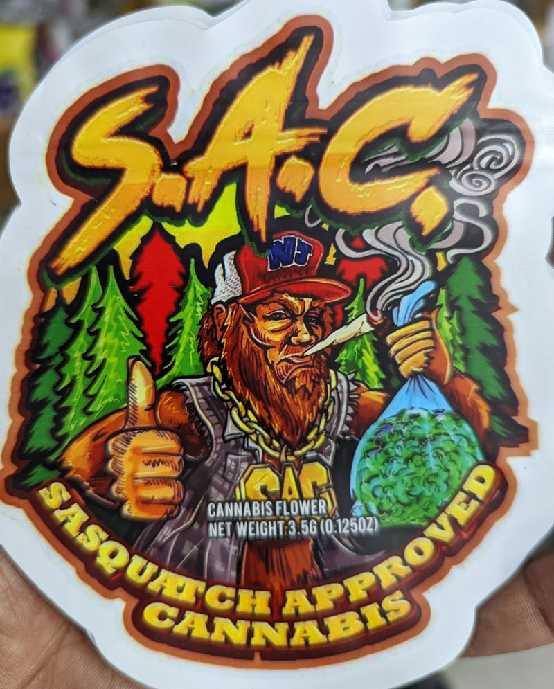 Smell-proof Sasquatch Approved Cannabis Mylar Bags by The Baggie Store, 50-pack, showcasing durable, resealable storage bags.