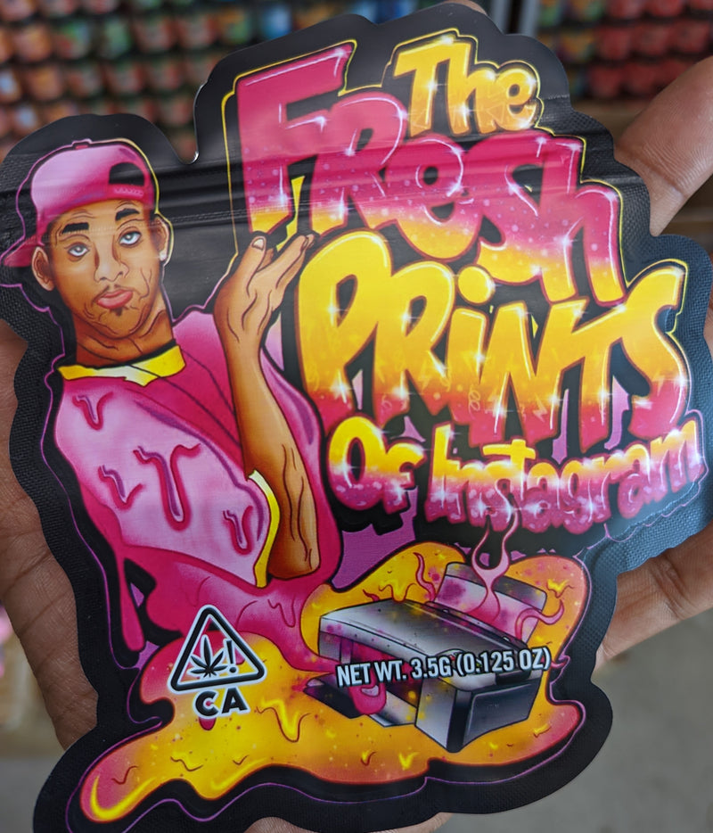 Smell proof Fresh Prints of Instagram Mylar Bags by The Baggie Store, 50-pack, featuring colorful Instagram-themed designs
