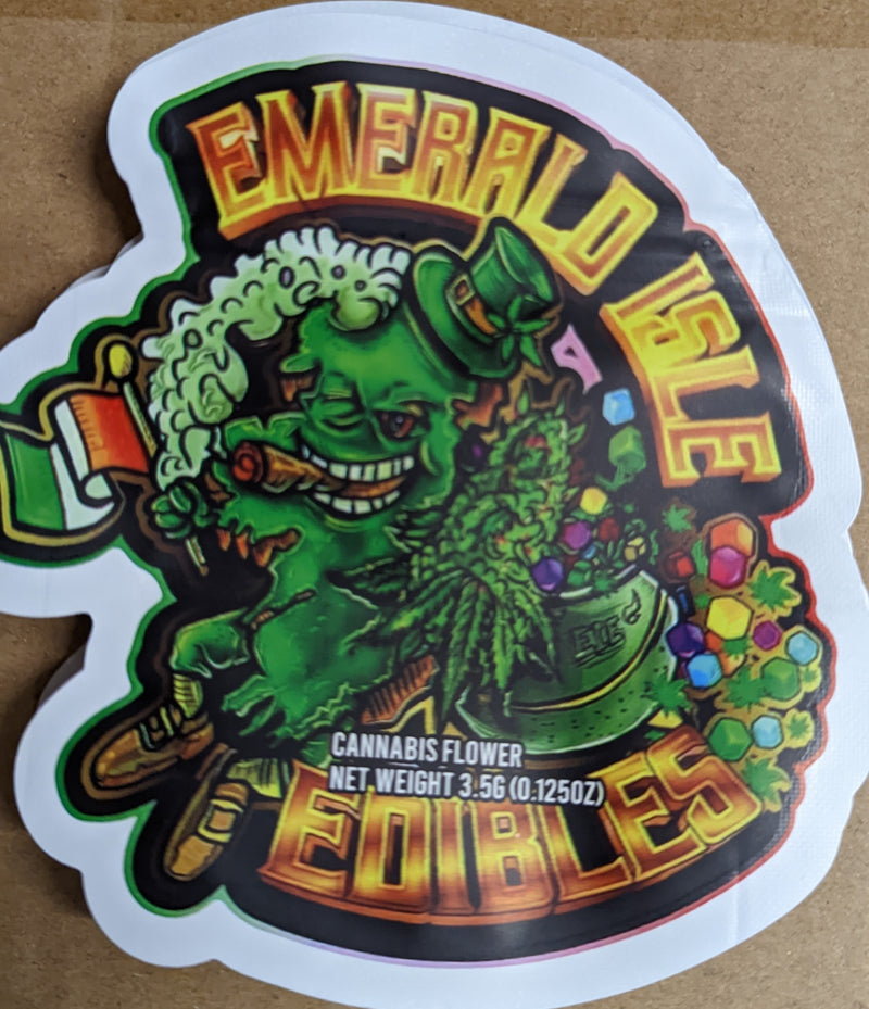Smell-proof Emerald Isle Edibles Mylar bags from The Baggie Store, 50-pack, featuring resealable, durable packaging for edibles.