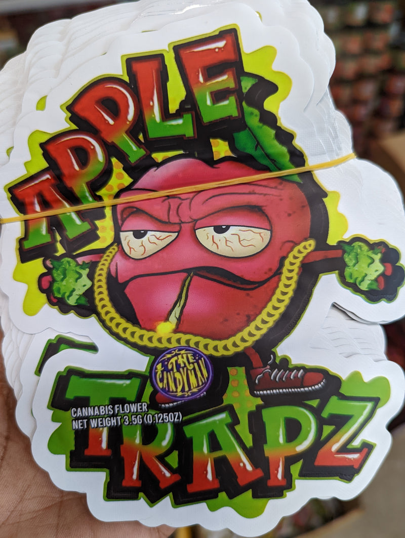 Smell-proof Apple Trapz Mylar Bags by The Baggie Store, 50-pack, showing shiny silver resealable pouches for secure storage.
