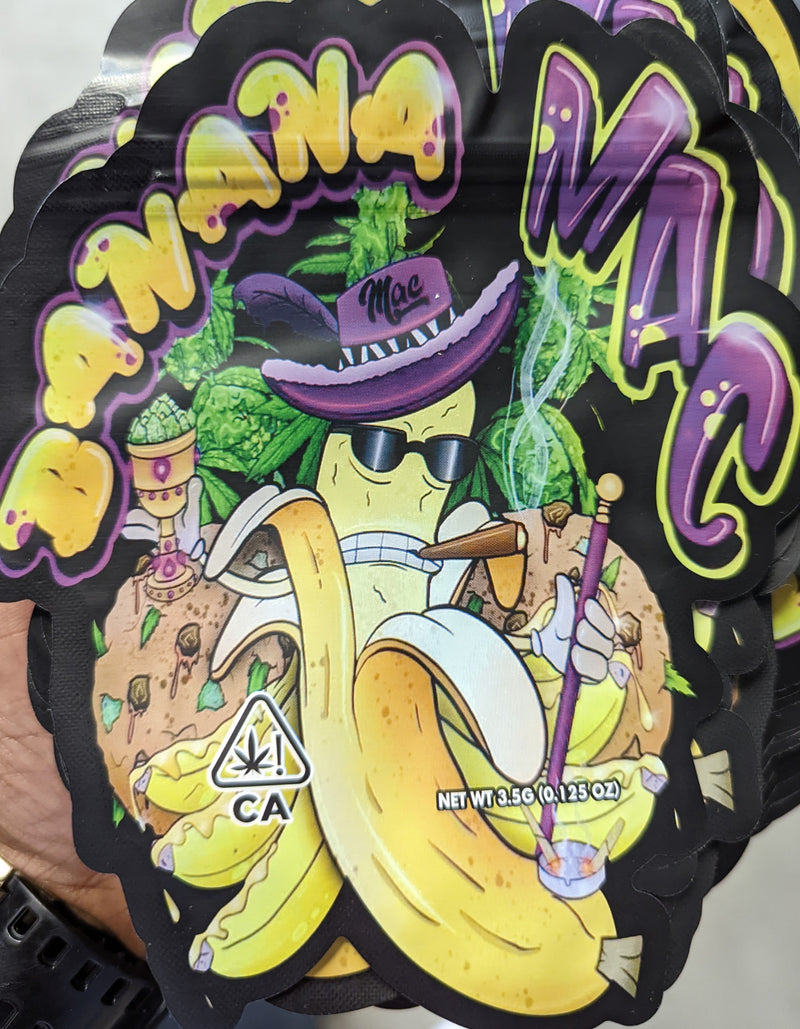 Smell-proof Banana MAC Mylar Bags by The Baggie Store, 50-pack, featuring resealable, durable foil packaging for storage.