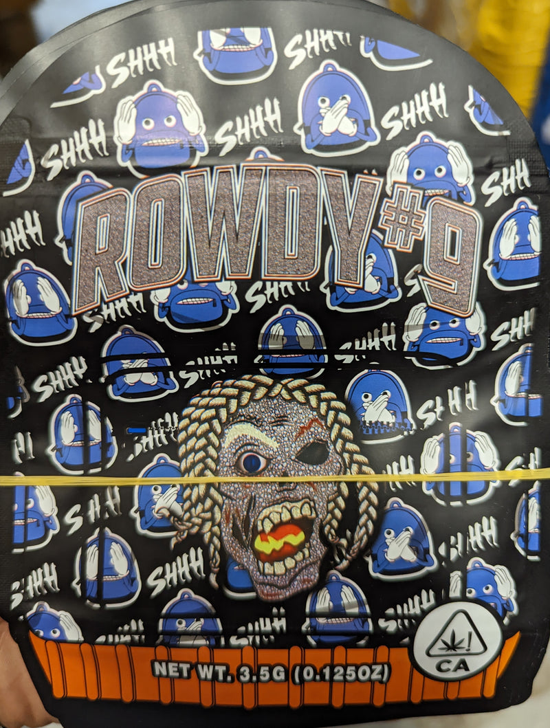Smell-proof Rowdy #9 Mylar Bags from The Baggie Store, 50-pack, featuring sealed closures and durable silver material for storage.