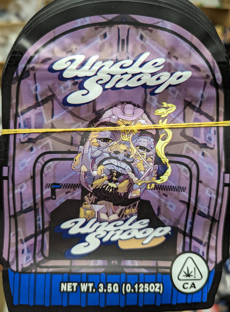 Smell-proof Uncle Snoop Backpack Mylar Bags, 50-pack, showing resealable, durable black storage pouches for discreet packaging.
