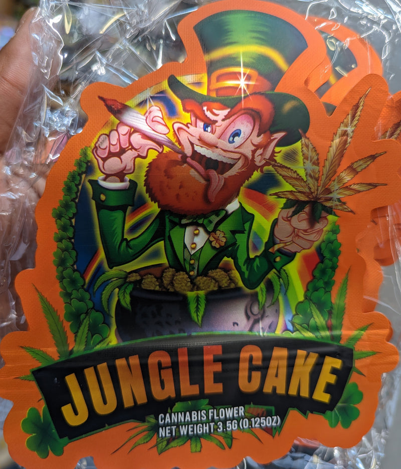 Smell-proof Jungle Cake Mylar Bags by The Baggie Store, 50-pack, showing resealable, durable packaging for storing cannabis products.