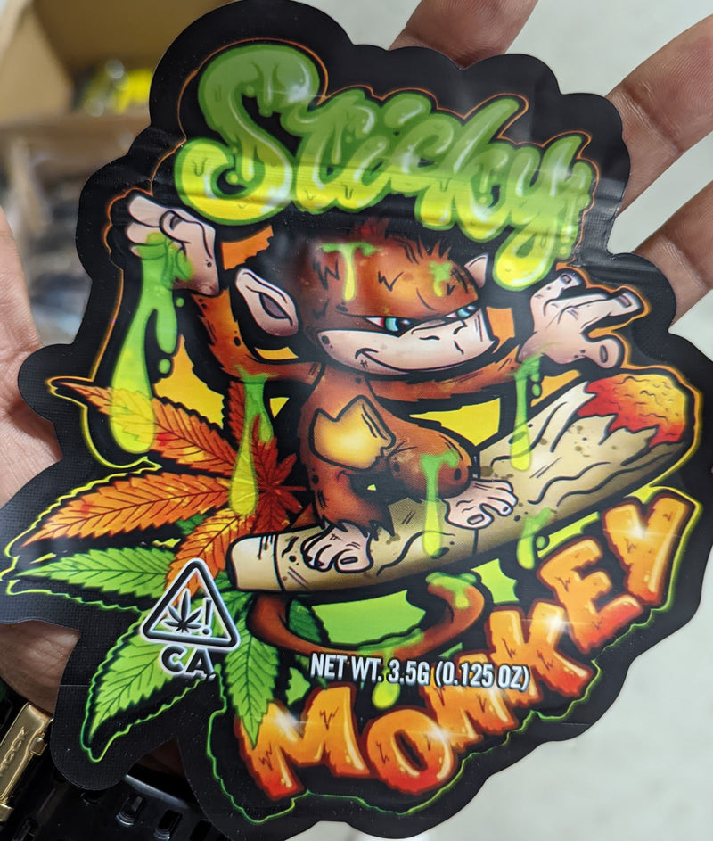 Smell-proof Sticky Monkey Mylar bags from The Baggie Store, 50-pack, featuring resealable, durable storage for snacks or small items.