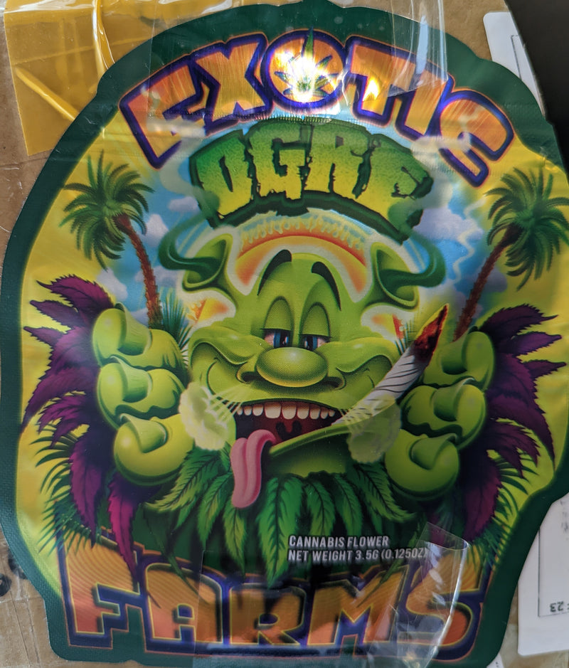 Smell-proof Exotic Ogre Farms Mylar bags, 50-pack, lined for odor control, from The Baggie Store, suitable for storage or packaging.