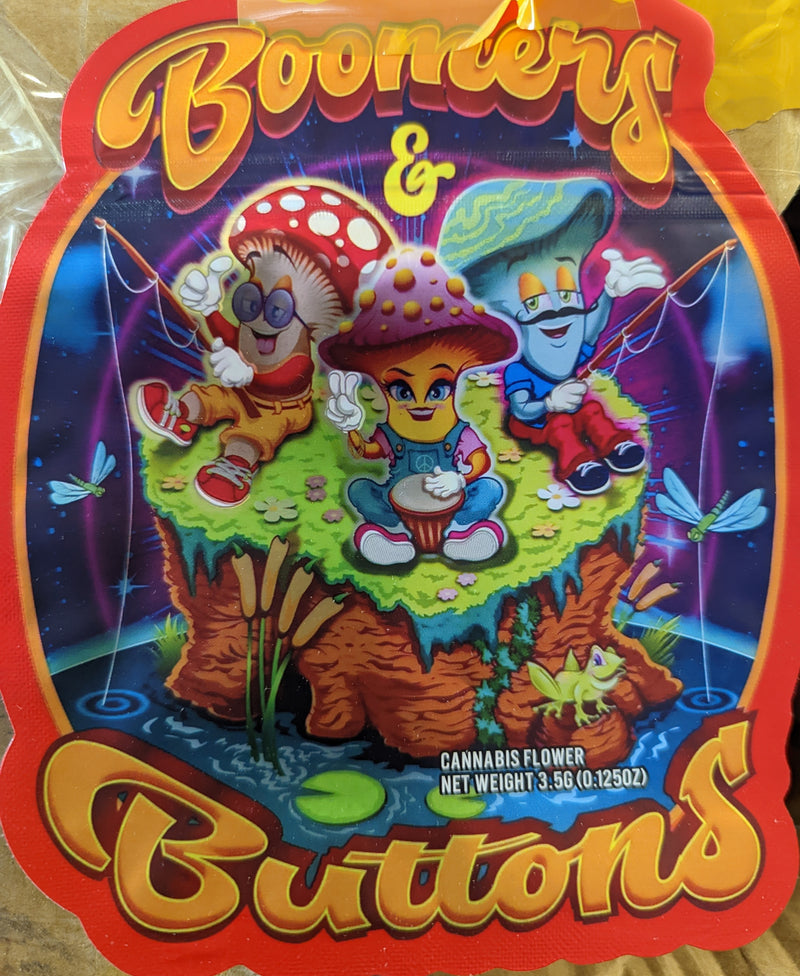 Smell-proof Mylar bags by Boomers Buttons, 50-pack, showing silver, resealable storage bags for keeping contents fresh.