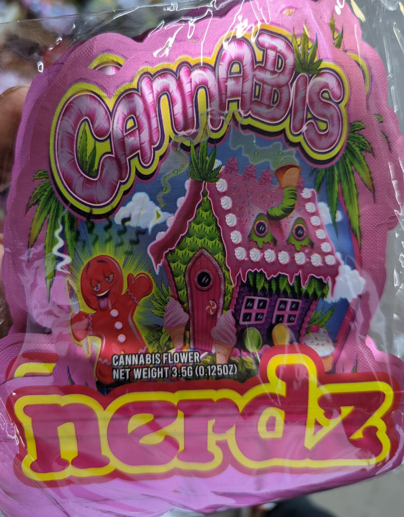 Smell-proof Cannabis Nerdz Mylar Bags by The Baggie Store, 50-pack, showing silver foil packaging for storing cannabis securely.