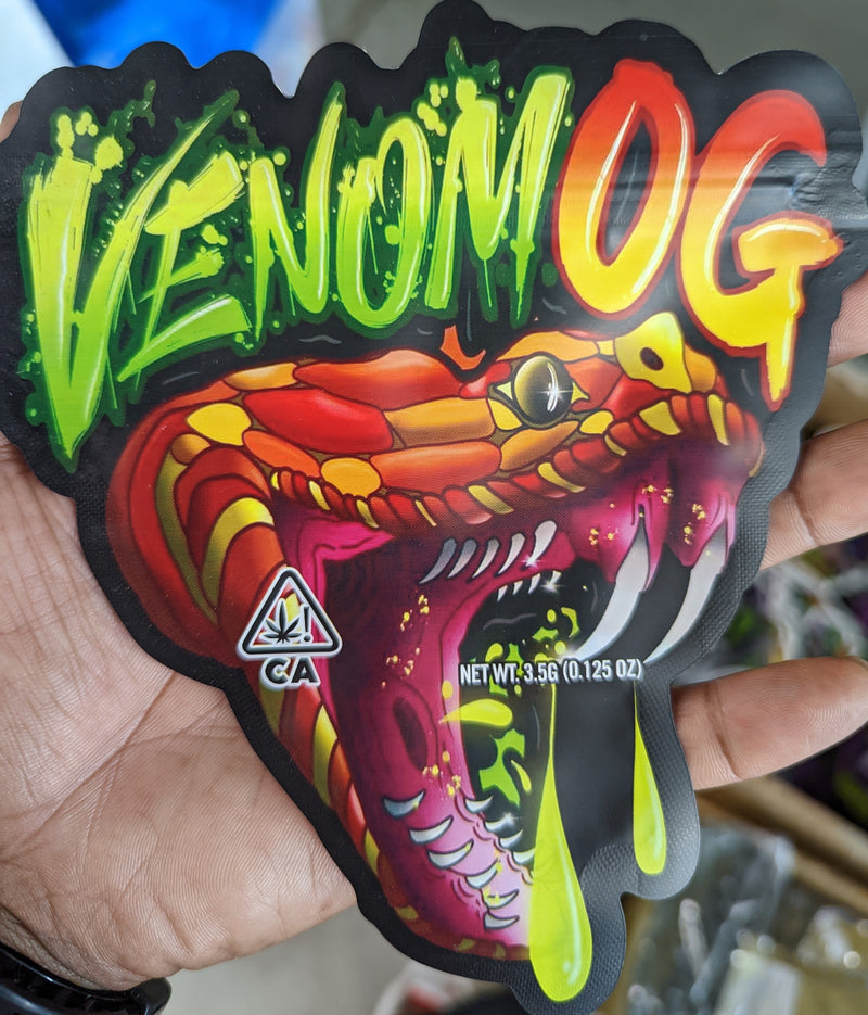 Smell-proof Venom OG Mylar Bags from The Baggie Store, 50-pack, featuring resealable closures and durable foil material.