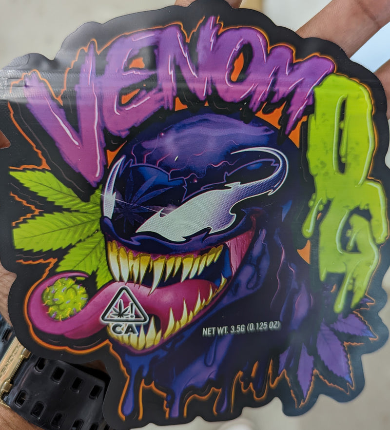 Smell-proof Venom OG #2 Mylar bags by The Baggie Store, 50-pack, with resealable closure for secure storage.