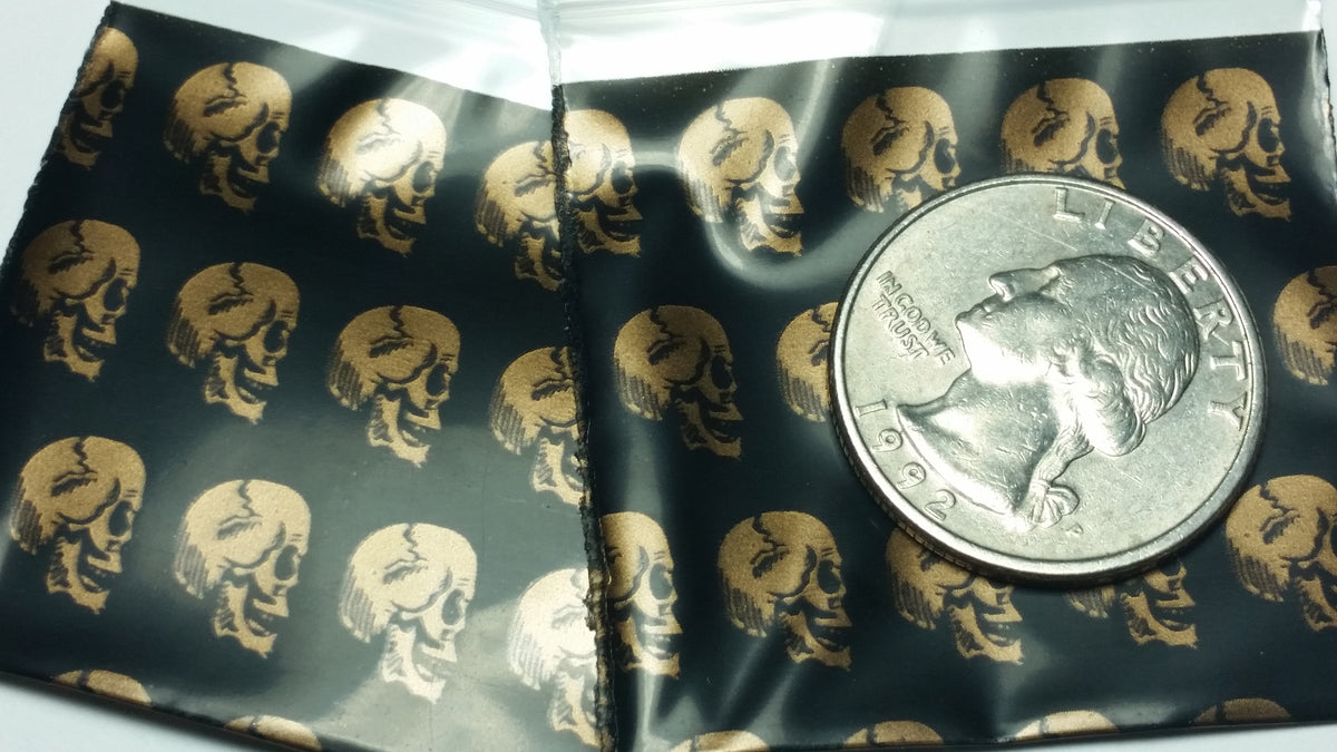 Original Apple Bags skull-shaped paper bags, 1.25" x 3/4", featuring a detailed skull design on natural kraft paper.