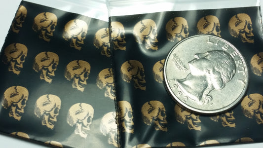 Original Apple Bags skull-shaped paper bags, 1.25" x 3/4", featuring a detailed skull design on natural kraft paper.